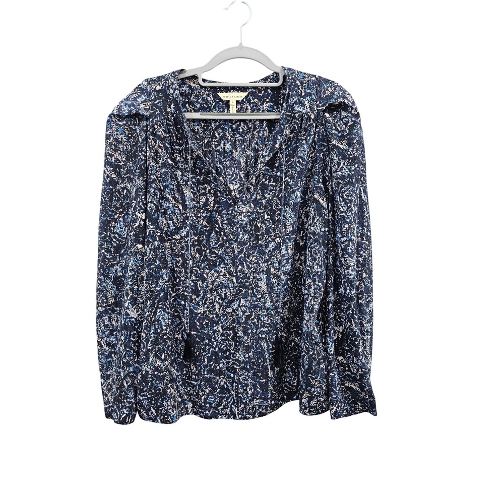 Rebecca Taylor Blue Floral‎ Silk Boho Bohemian Peasant Blouse Women's Size 8 EUC